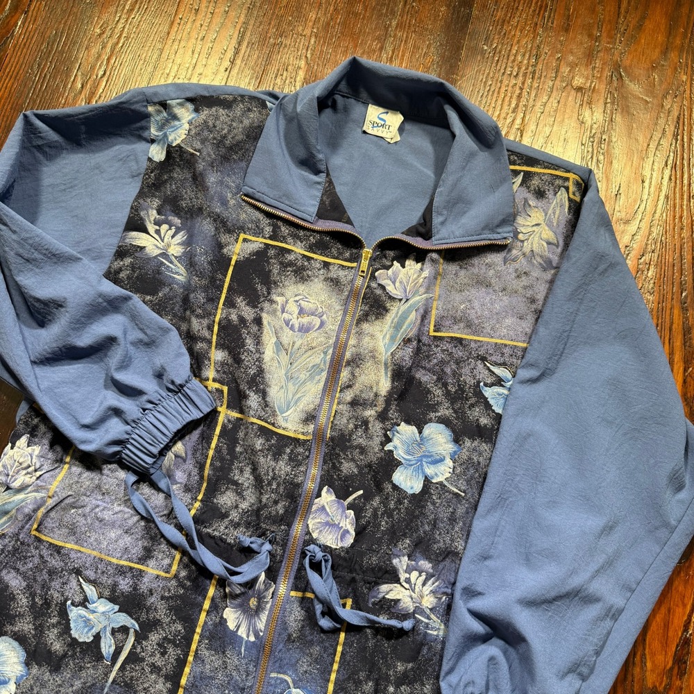 Vintage Sport Savvy Jacket Womens L Blue Floral Windbreaker Made in USA